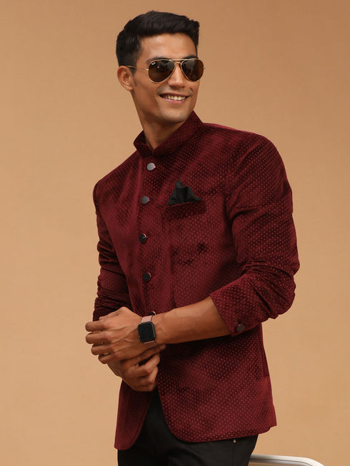 Men's Maroon Polka Dot Printed Velvet Jodhpuri